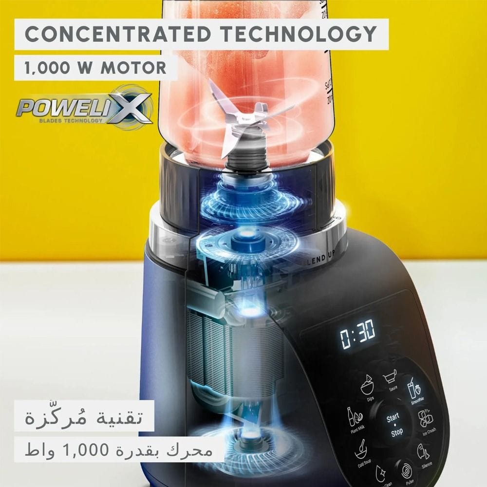 Moulinex Blend Up Powerful Mini Blender 1000W, 8 Automatic Programs, Disturbance Free Use - Black/Blue - LM19H4M0