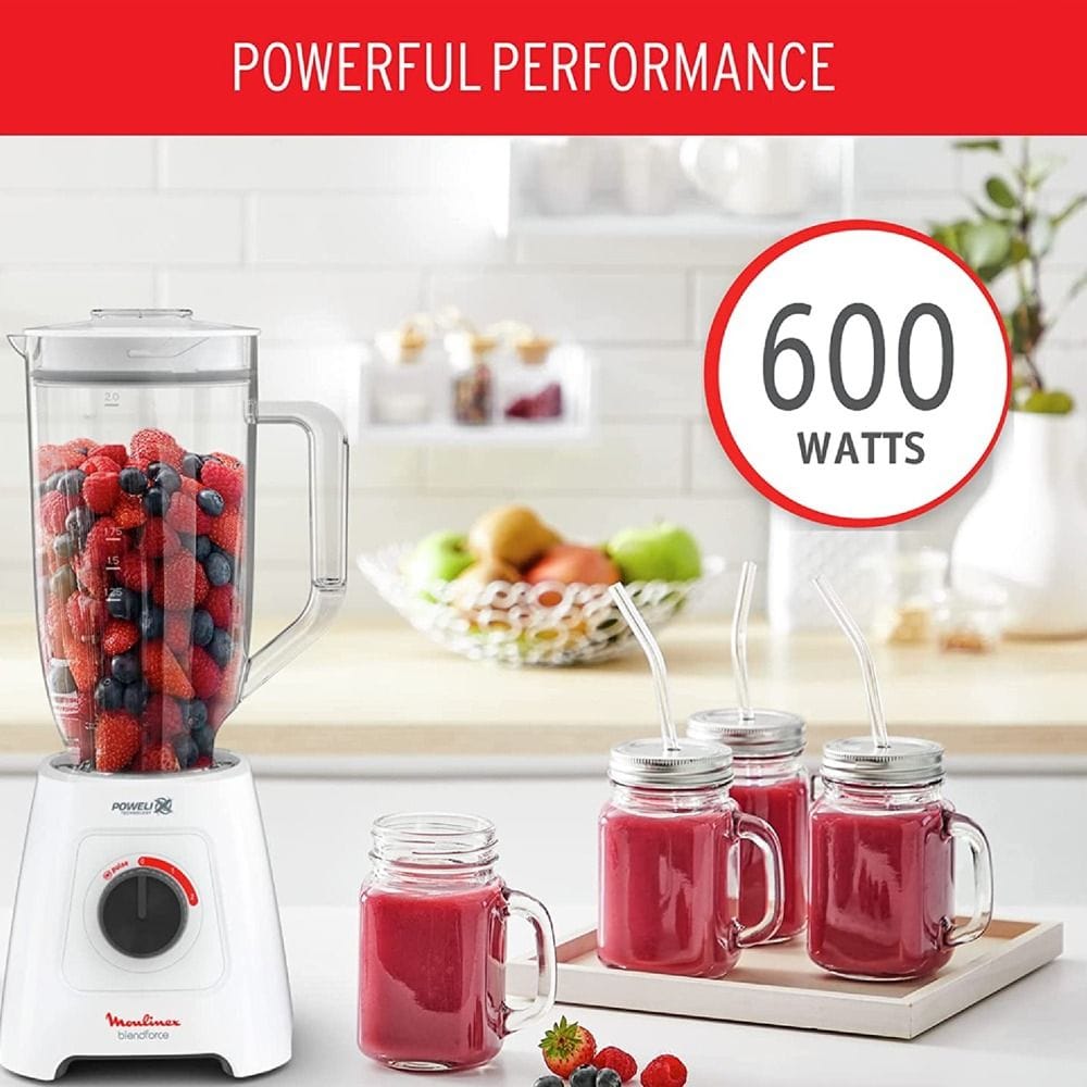Moulinex Blendforce XXL Blender 600W, 2.8L Glass Jar Capacity, 6 Powelix Blades, Ice Crusher - White - LM458127
