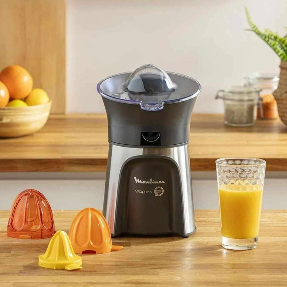Moulinex Vita Press Direct Serve Citrus Juicer 100W, Stainless Steel Finish, Automatic On-Off Switch Detects Fruit Pressure - Black/Silver - PC603D27