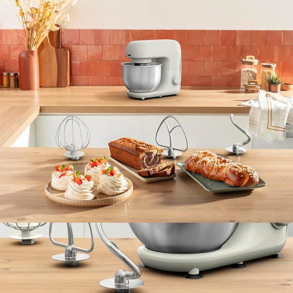 Moulinex Bake Essential Kitchen Machine 800W 4.8L, Large Capacity Bowl, Efficient Planetary Mixing, Multiple Speed Options - White - QA160127