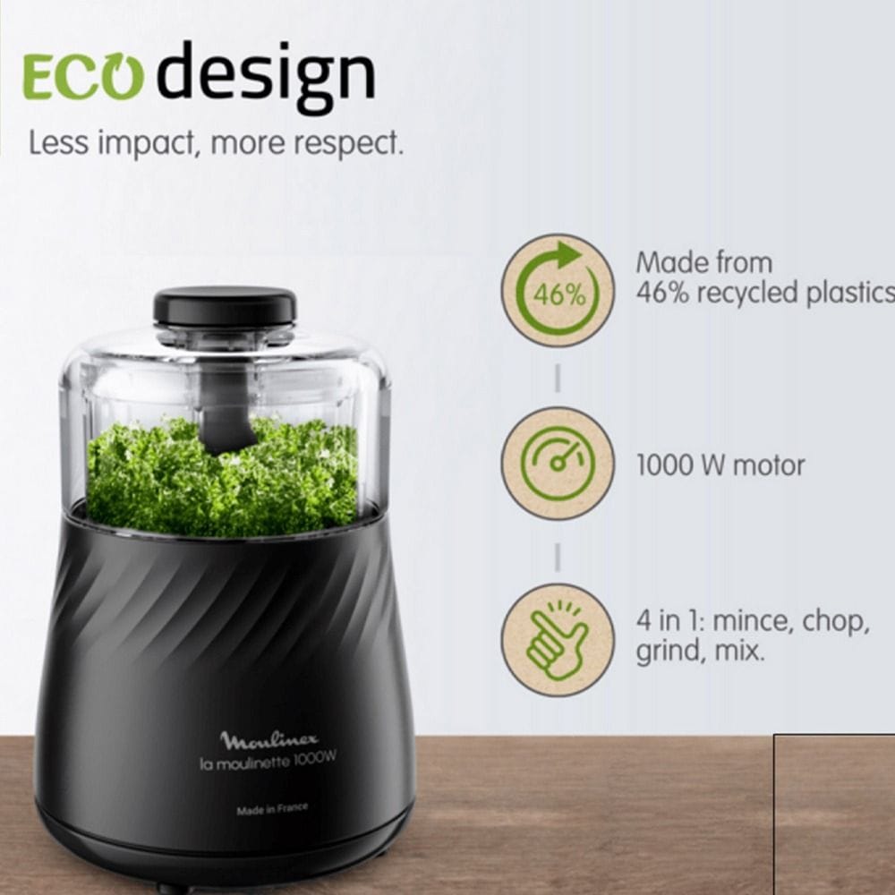Moulinex La Moulinette Eco 4 In 1 Chopper 1000W, 500ml Capacity, Removable Knife, Eco-Design Chopper, Powerful Motor, Easy To Use - Black - DP712827