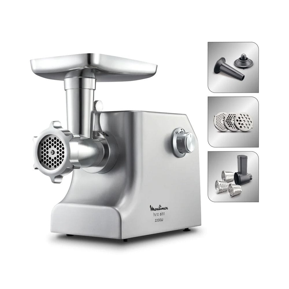 Moulinex HV10 Meat Mincer 2200W, Capacity 5.5Kg, Stainless Steel Body, 3 Mincing Grids, 8 Attachments, Powerful Motor - Silver - ME858DM0