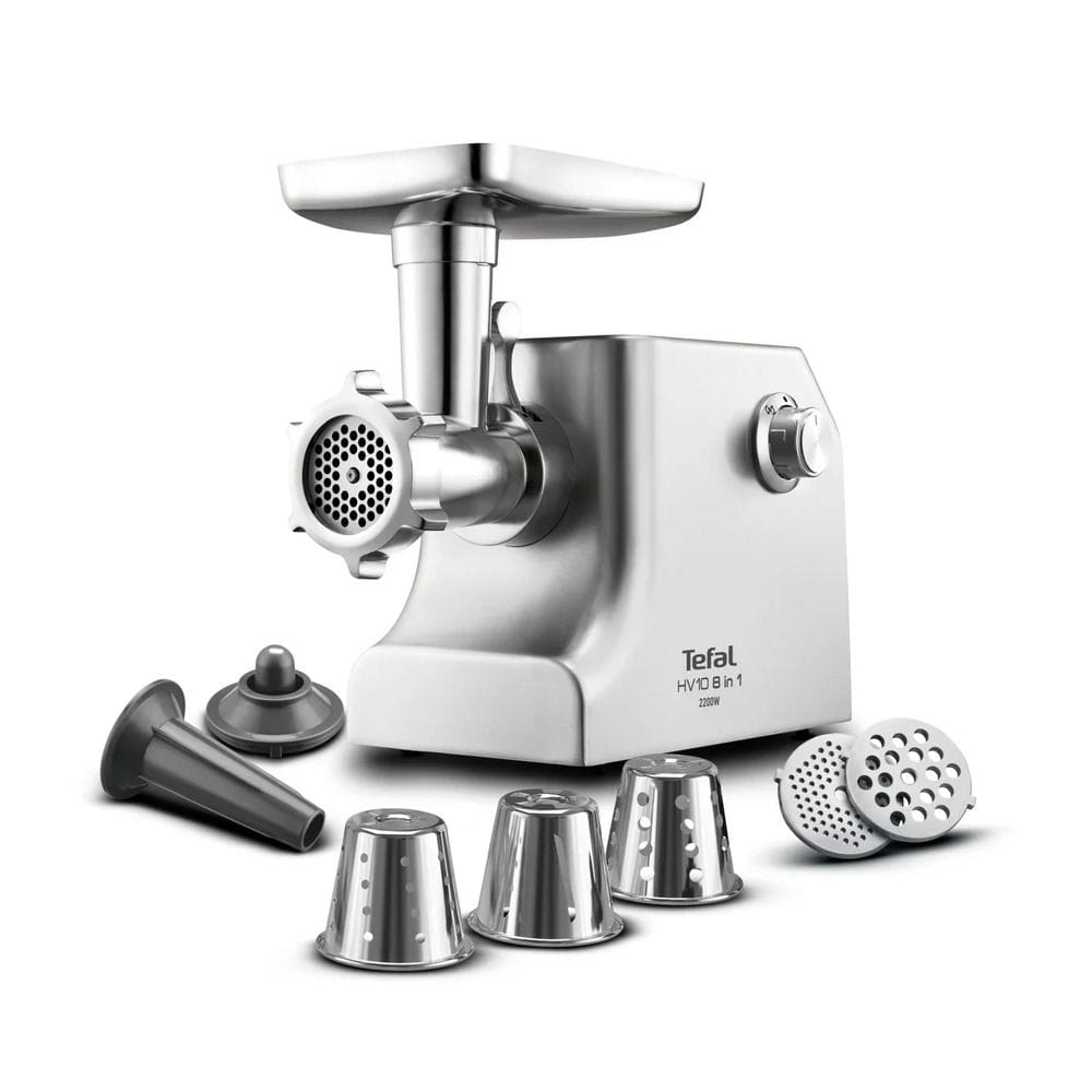 Moulinex HV10 Meat Mincer 2200W, Capacity 5.5Kg, Stainless Steel Body, 3 Mincing Grids, 8 Attachments, Powerful Motor - Silver - ME858DM0