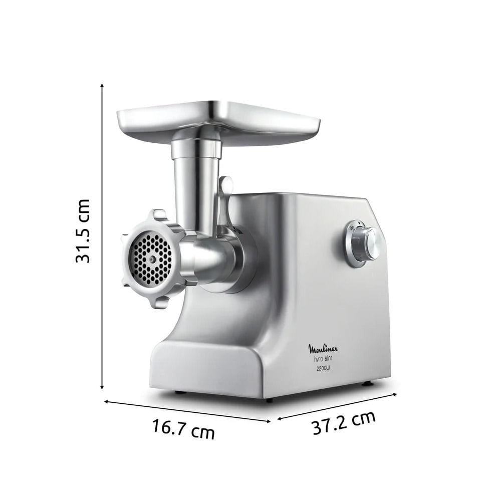 Moulinex HV10 Meat Mincer 2200W, Capacity 5.5Kg, Stainless Steel Body, 3 Mincing Grids, 8 Attachments, Powerful Motor - Silver - ME858DM0