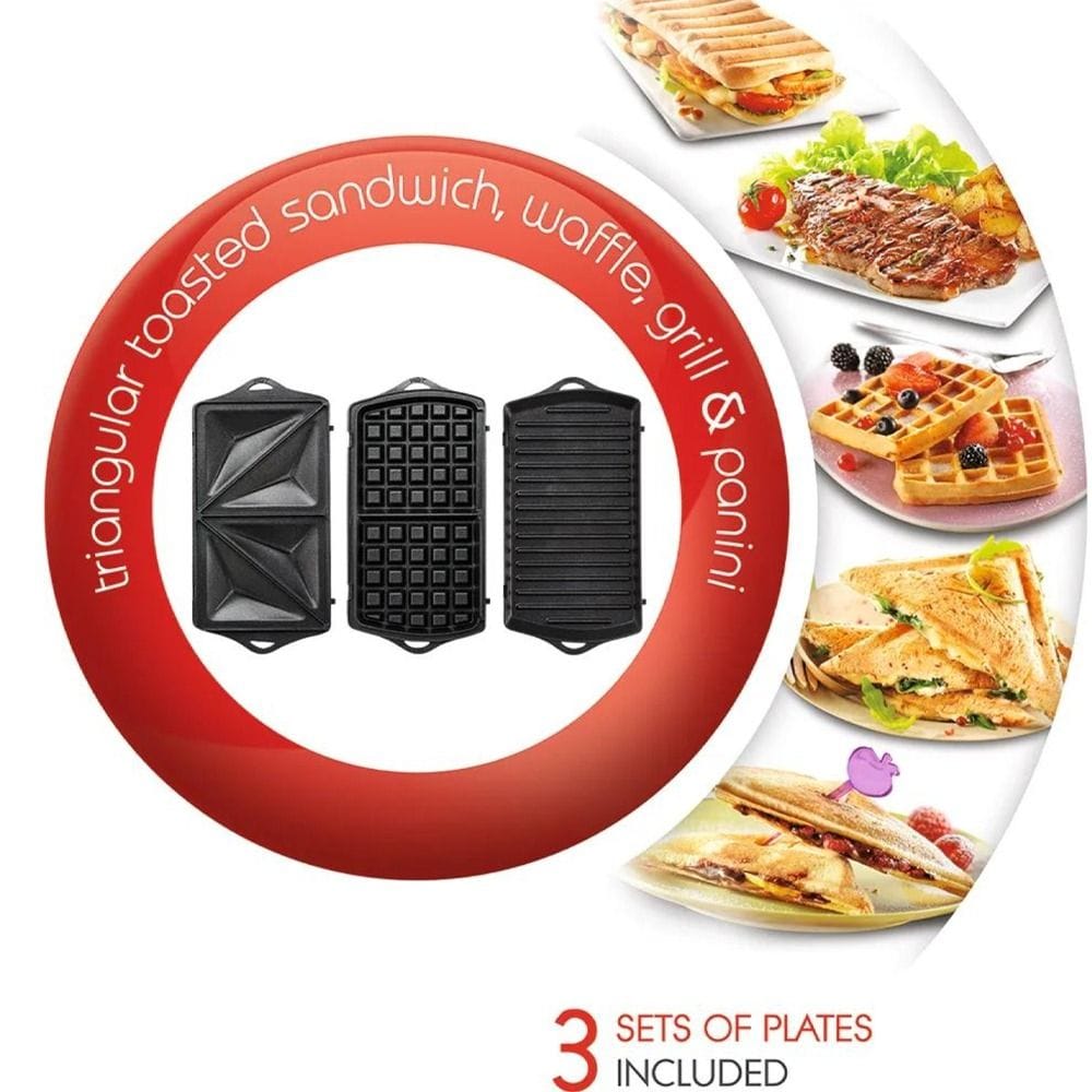 Moulinex Breaktime Sandwich Maker 700W, 3 Removable Non-Stick Coated Plates, Multifunction, Space Saving Storage - White/Red - SW612543