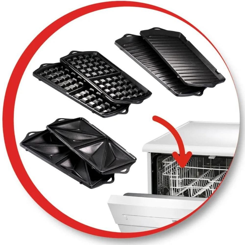 Moulinex Breaktime Sandwich Maker 700W, 3 Removable Non-Stick Coated Plates, Multifunction, Space Saving Storage - White/Red - SW612543