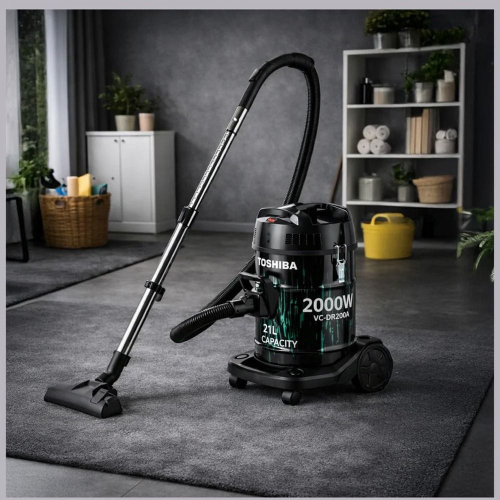 Toshiba Drum Type Vacuum Cleaner 2000W 21L, Powerful Motor Suction, Big Dust Capacity, Ergonomic Design Handle - Black/Aqua - VC-DR200ABF