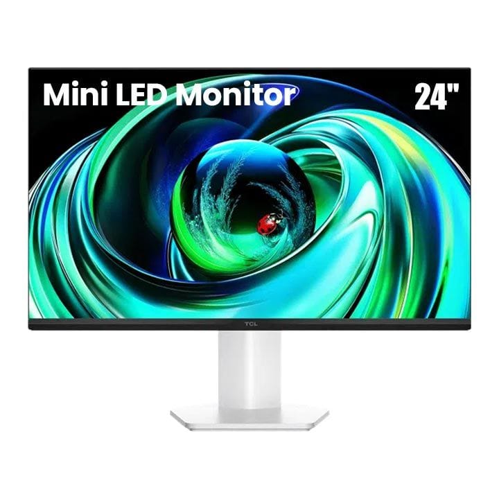شاشة TCL Mini LED مقاس 24 بوصة، 100 هرتز، سطوع 450 شمعة، تغطية ألوان 92% DCI-P3 - أبيض - 24G54