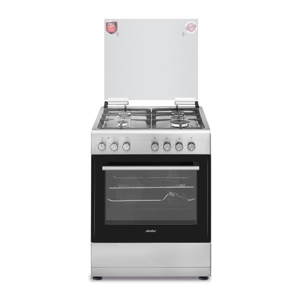 Simfer 4 Burner Electric Oven 60x60cm, Timer + Rotisserie With 9 Functions, Turbo Fan, Hob And Oven Ignition, Turnspit, Cast Iron Grid - Silver - 6060SE