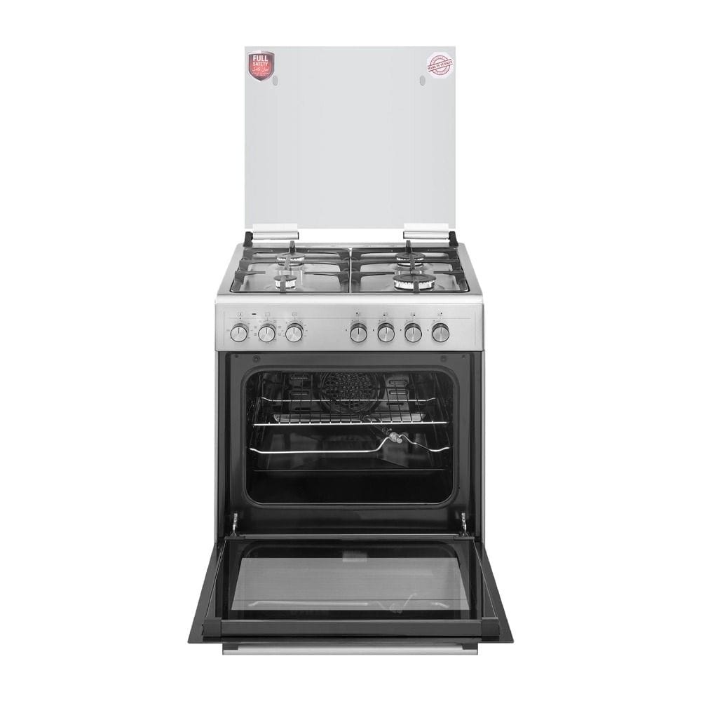 Simfer 4 Burner Electric Oven 60x60cm, Timer + Rotisserie With 9 Functions, Turbo Fan, Hob And Oven Ignition, Turnspit, Cast Iron Grid - Silver - 6060SE