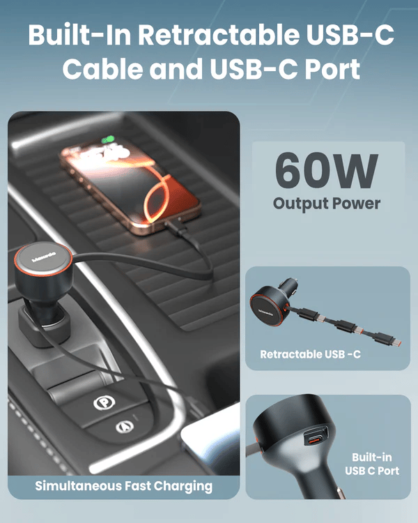 Moxedo Ultra Fast Car Charger with Built-in Retractable USB-C Cable MX-CC029, 60W - Black