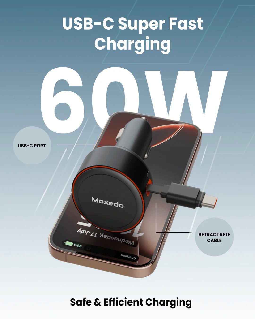 Moxedo Ultra Fast Car Charger with Built-in Retractable USB-C Cable MX-CC029, 60W - Black