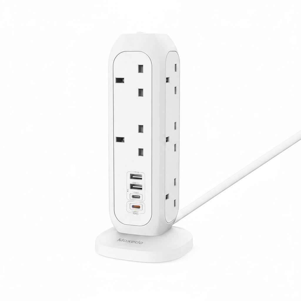 Moxedo Smart-Hub Tower Power Strip 15-in-1 with 11 AC Sockets, 2 USB-C Ports, 2 USB-A Ports & 2M Cable | White