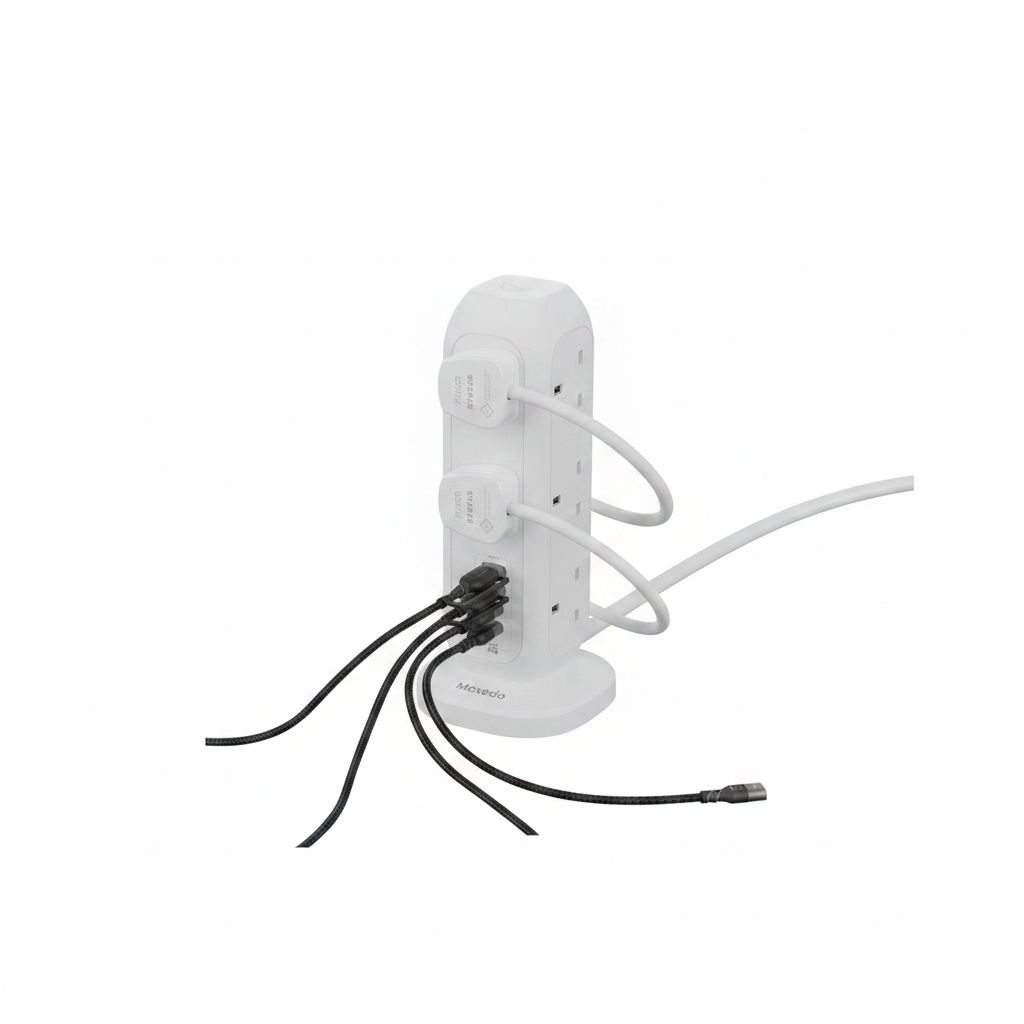Moxedo Smart-Hub Tower Power Strip 15-in-1 with 11 AC Sockets, 2 USB-C Ports, 2 USB-A Ports & 2M Cable | White