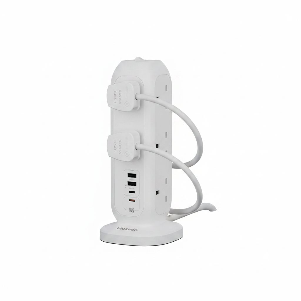 Moxedo Smart-Hub Tower Power Strip 15-in-1 with 11 AC Sockets, 2 USB-C Ports, 2 USB-A Ports & 2M Cable | White