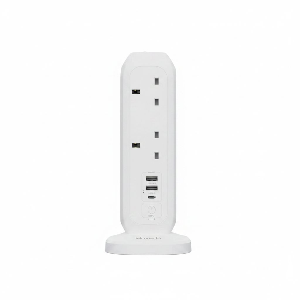 Moxedo Smart-Hub Tower Power Strip 15-in-1 with 11 AC Sockets, 2 USB-C Ports, 2 USB-A Ports & 2M Cable | White