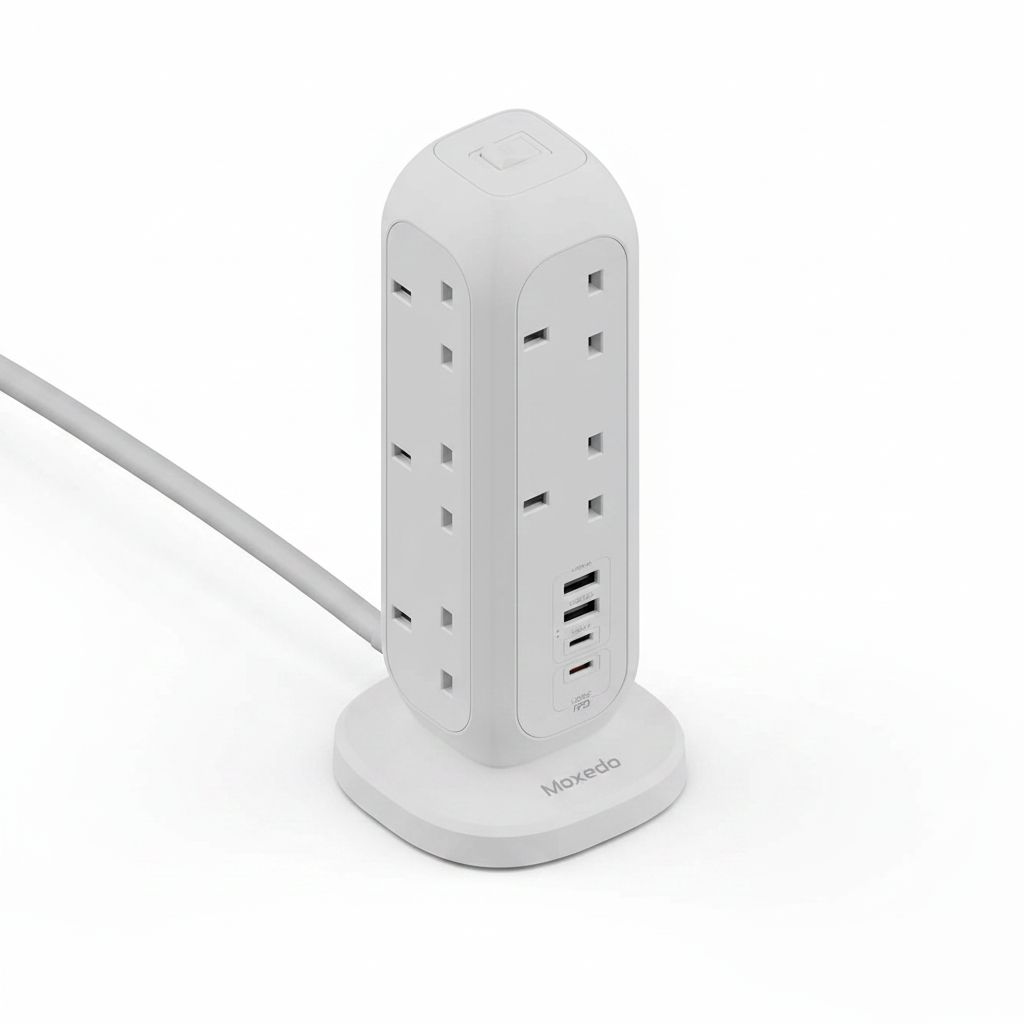Moxedo Smart-Hub Tower Power Strip 15-in-1 with 11 AC Sockets, 2 USB-C Ports, 2 USB-A Ports & 2M Cable | White