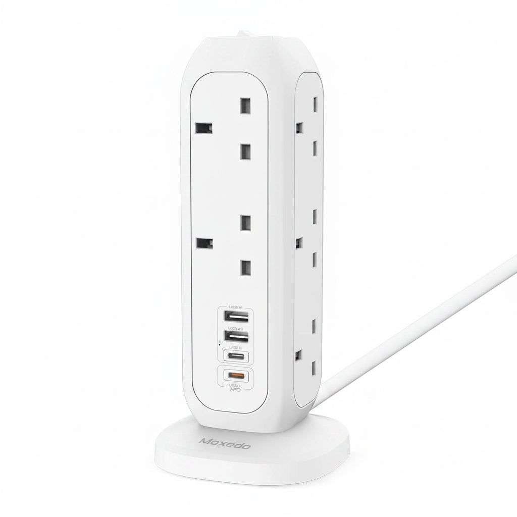 Moxedo Smart-Hub Tower Power Strip 15-in-1 with 11 AC Sockets, 2 USB-C Ports, 2 USB-A Ports & 2M Cable | White