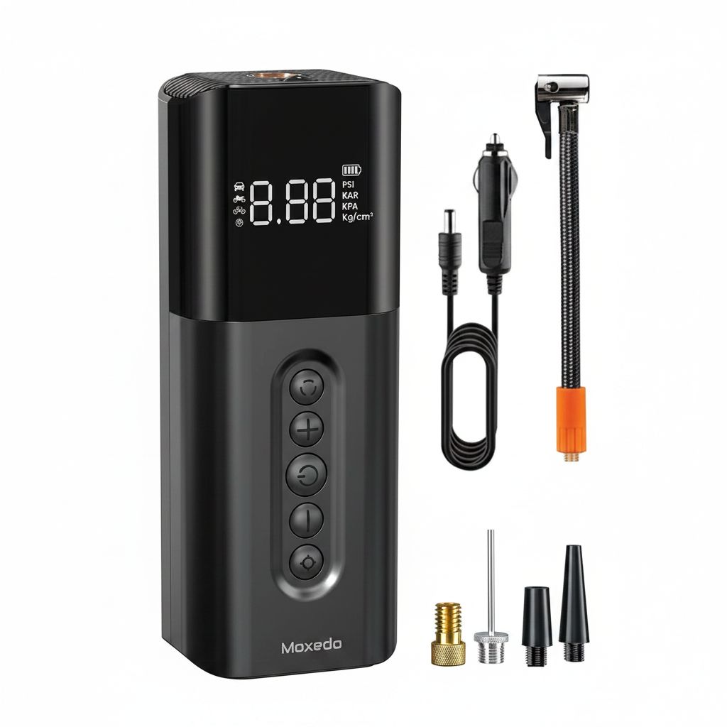 Moxedo Air Dynamo Electric Air Pump 150 PSI with LED Light, 4 Nozzles & Portable High-Pressure Inflation | Black - MX-ADCOM011