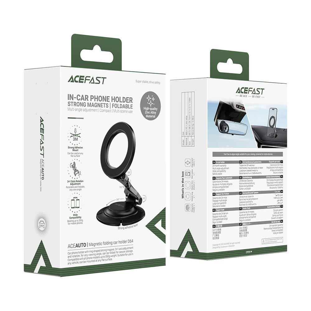 ACEFAST D64 Universal Magnetic Car Phone Holder, Strong Magnetic Mount, 360° Adjustable Dashboard & Air Vent Holder - Black
