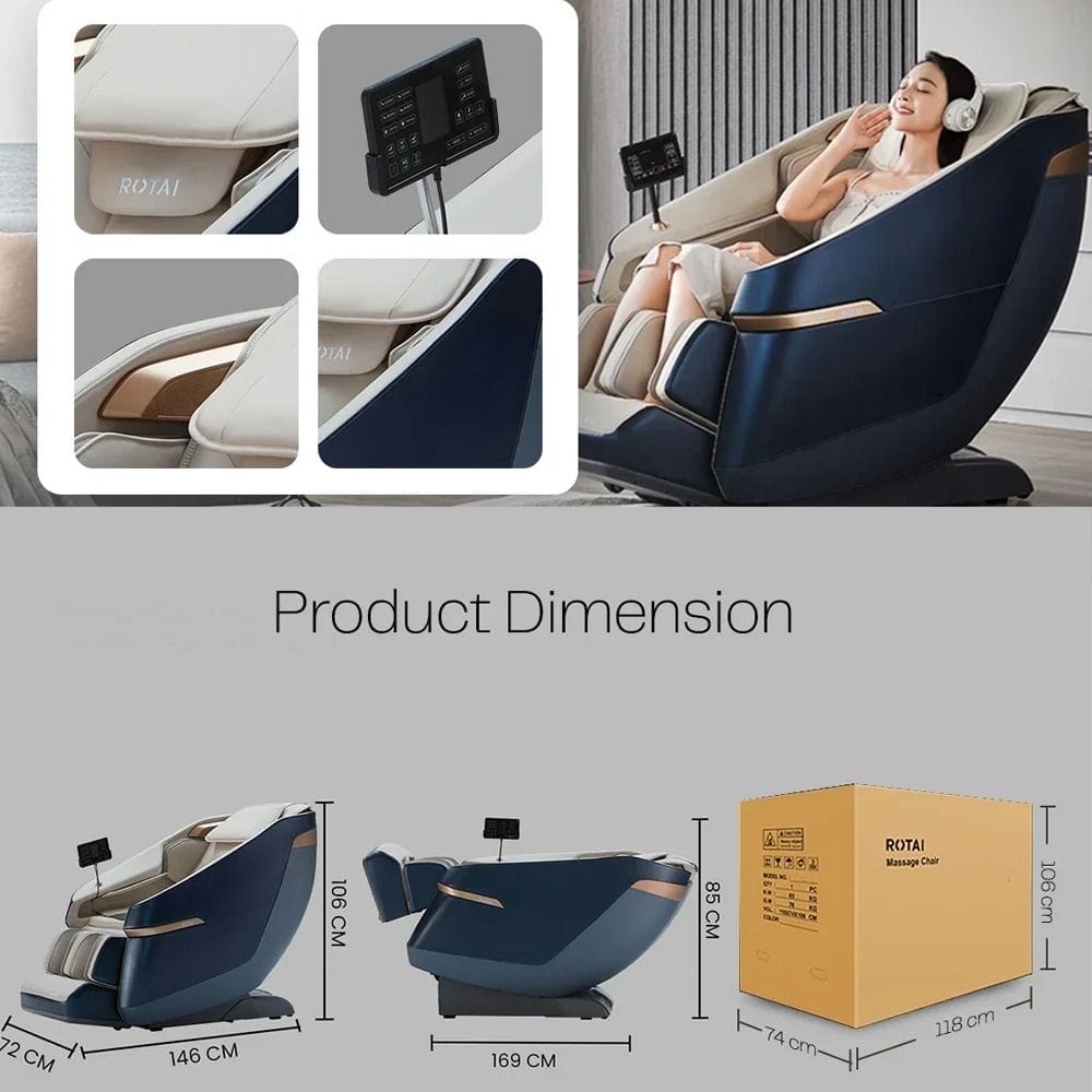 Rotai Jimny Massage Chair, 8D SL Track Full Body Massage, Zero Gravity Recline, Heat Therapy, Airbags, Foot Rollers, Voice & Bluetooth Control | Blue - A36