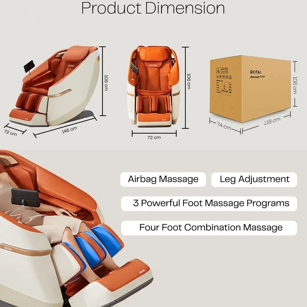 Rotai Jimny Massage Chair, 8D SL Track Full Body Massage, Zero Gravity Recline, Heat Therapy, Airbags, Foot Rollers, Voice & Bluetooth Control | Orange - A36