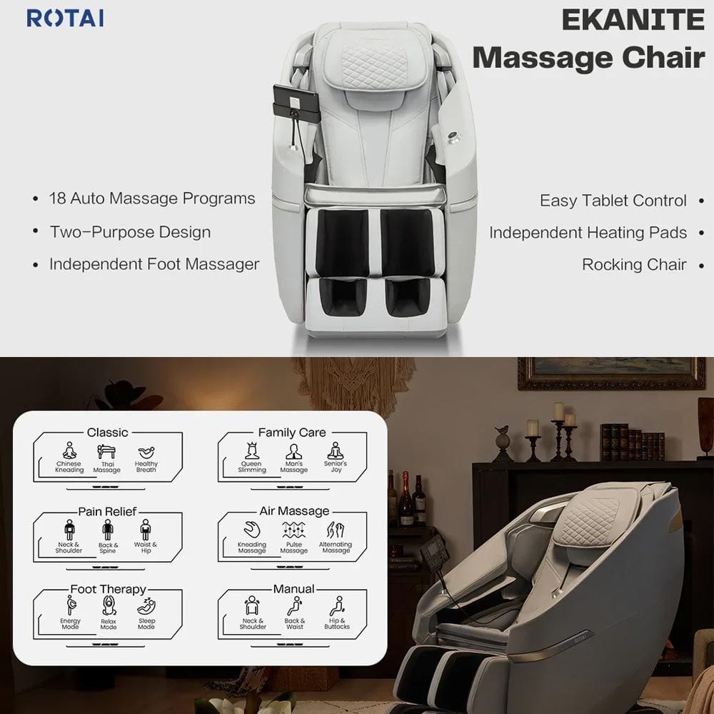 Rotai Ekanite 2-in-1 Massage Chair Sofa, Full Body Massage, Zero Gravity Recline, Heating Pads, Rocking Function, Touch Control & Space Capsule Design | Grey - A37