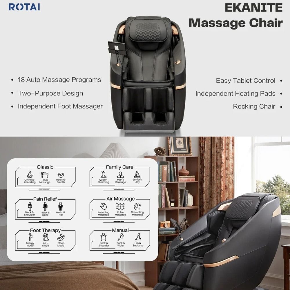 Rotai Ekanite Massage Chair & Sofa 2-in-1, Full Body SL Track Massage, Zero Gravity Recline, 36 Airbags, Carbon Fiber Heating & 22 Auto Programs | Black - A37