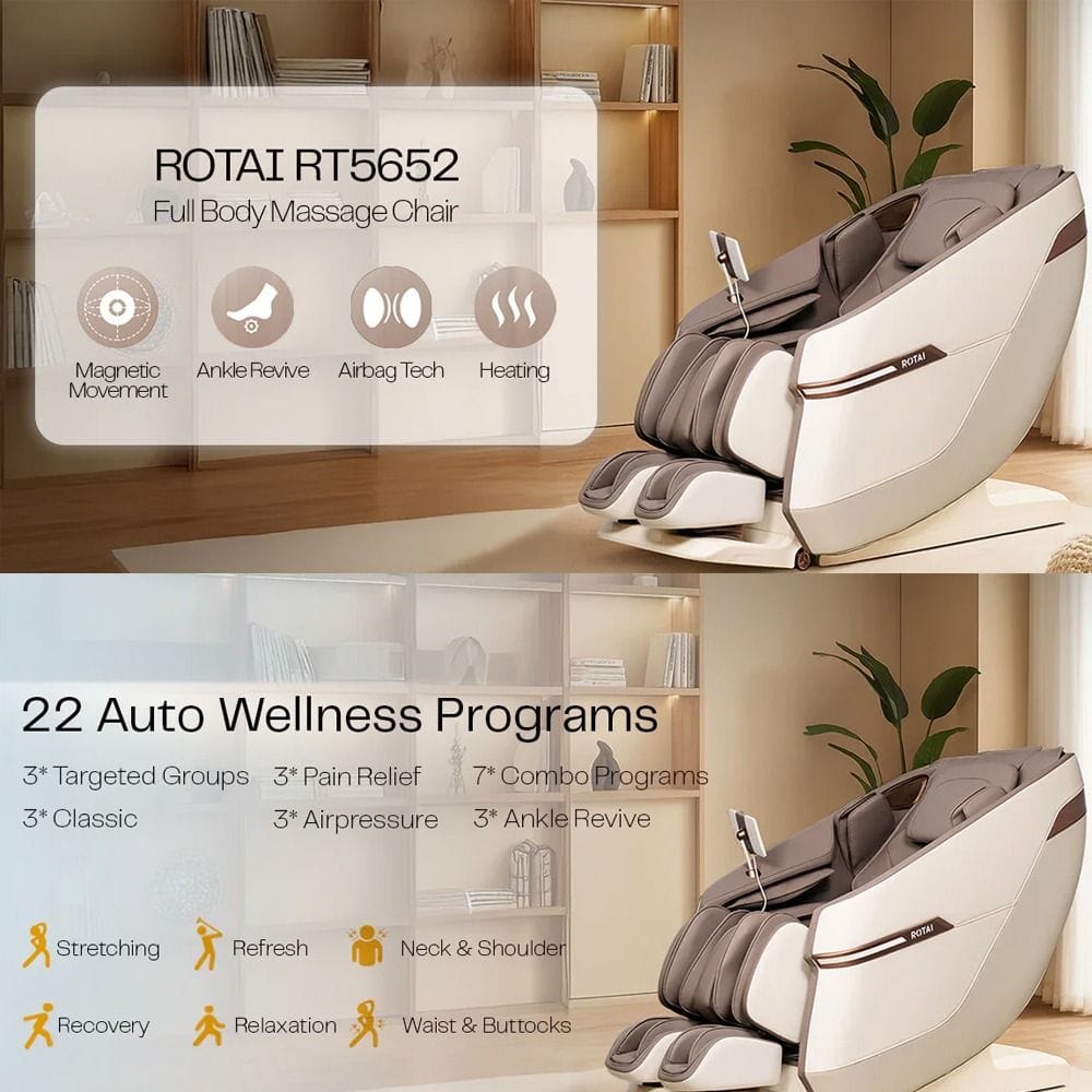 Rotai Massage Chair, Full Body with 4D Foot Rollers, Heating, 22 Auto Programs, Zero Gravity, 7" Touch Tablet, Voice Control -Grey - RT5652 