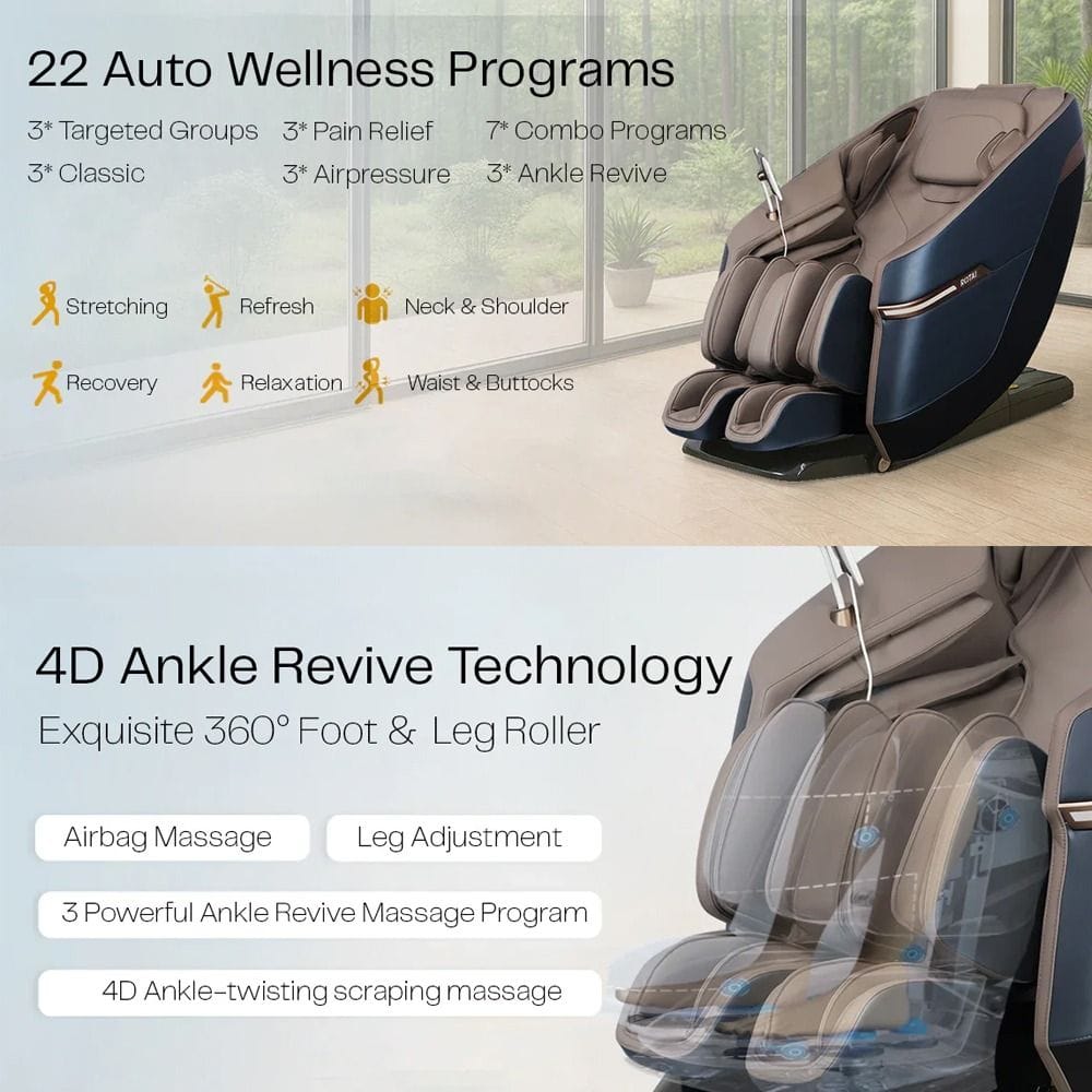 Rotai Full Body Massage Chair, 4D Foot Rollers, Heating, 22 Auto Programs, Space Capsule Design, Zero Gravity, Voice Control - Blue - RT5652 