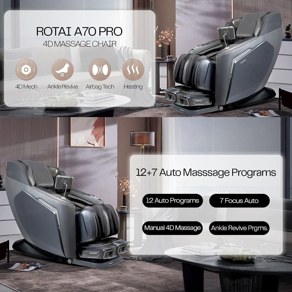 Rotai Vanquish Massage Chair, AI Smart Full Body Massage, Dual Zero Gravity Recline, 26 Airbags, Heat Therapy, 360° Foot & Leg Rollers & Wireless Charging | Grey - A70 Pro