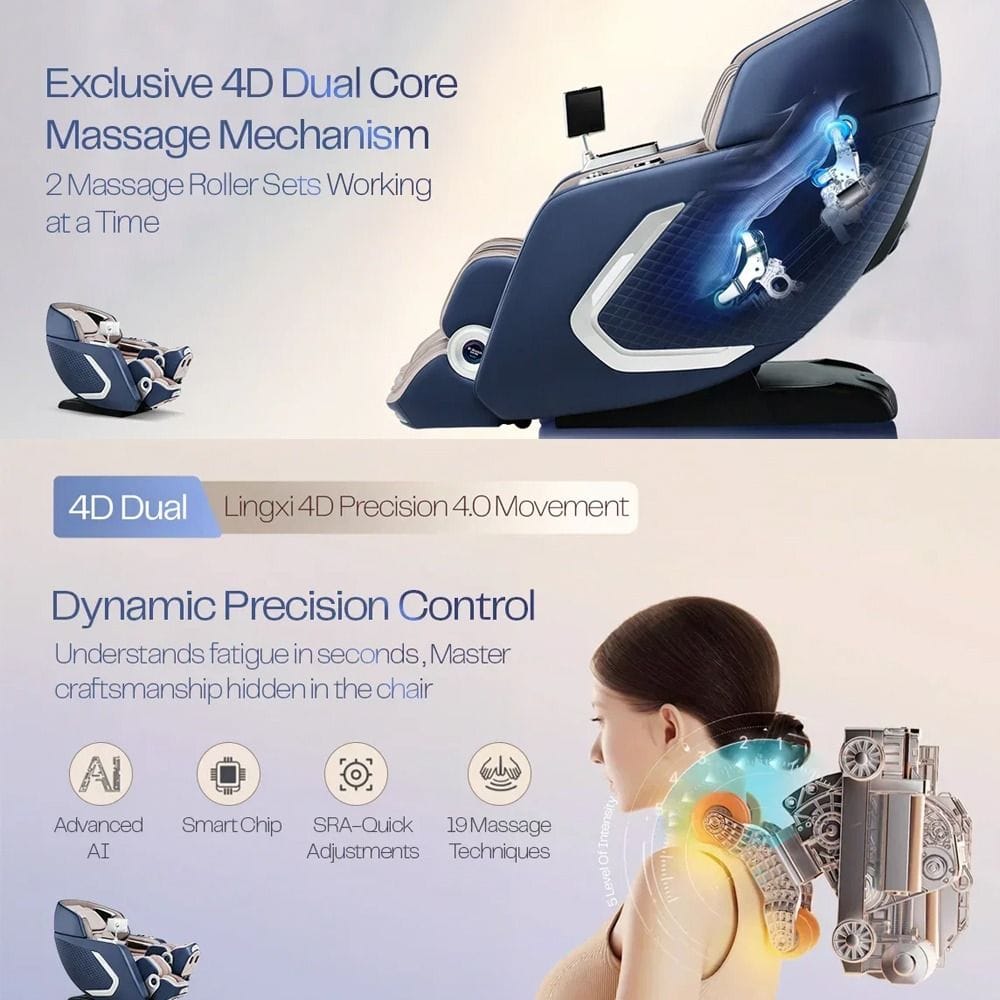 Rotai 8D SL-Track Massage Chair, Dual-Core 4D Rollers, 38 Airbags, Zero Gravity, Yoga Stretch, Heat Therapy, AI Voice & Bluetooth | Blue - A70 Max