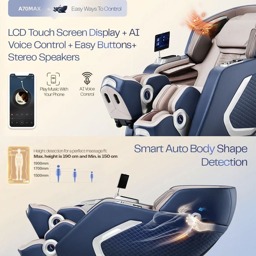 Rotai 8D SL-Track Massage Chair, Dual-Core 4D Rollers, 38 Airbags, Zero Gravity, Yoga Stretch, Heat Therapy, AI Voice & Bluetooth | Blue - A70 Max