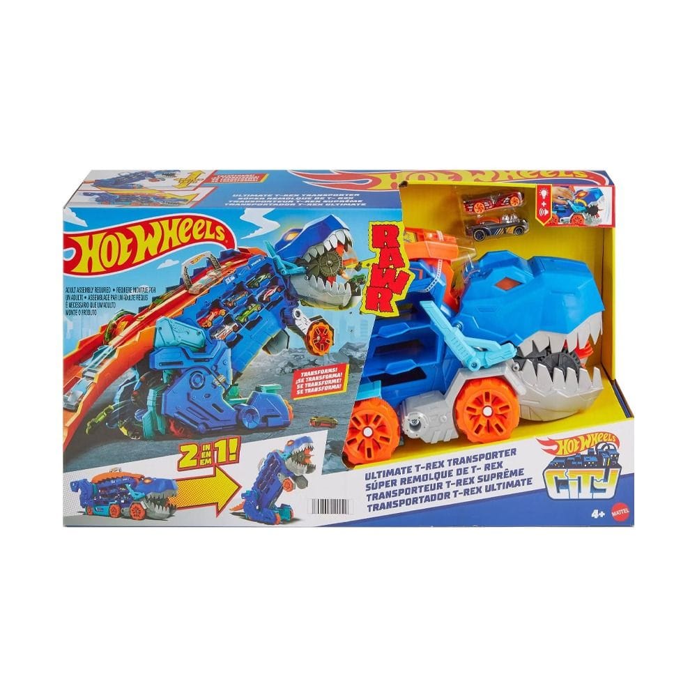 Hot Wheels City Transforming T-Rex Ultimate Hauler Playset 4+ Years, Two-Lane Dino Racing Track, Interactive Dino Action Features - 194735140022