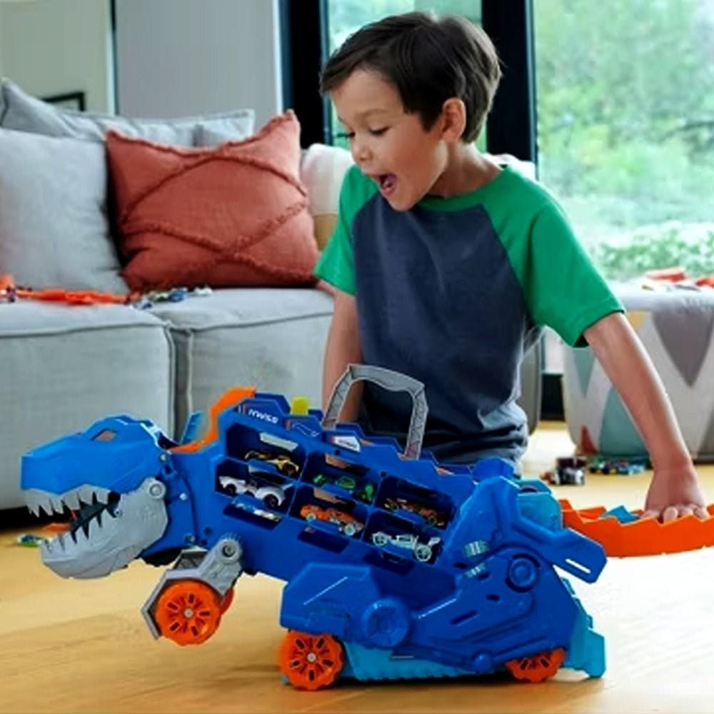 Hot Wheels City Transforming T-Rex Ultimate Hauler Playset 4+ Years, Two-Lane Dino Racing Track, Interactive Dino Action Features - 194735140022