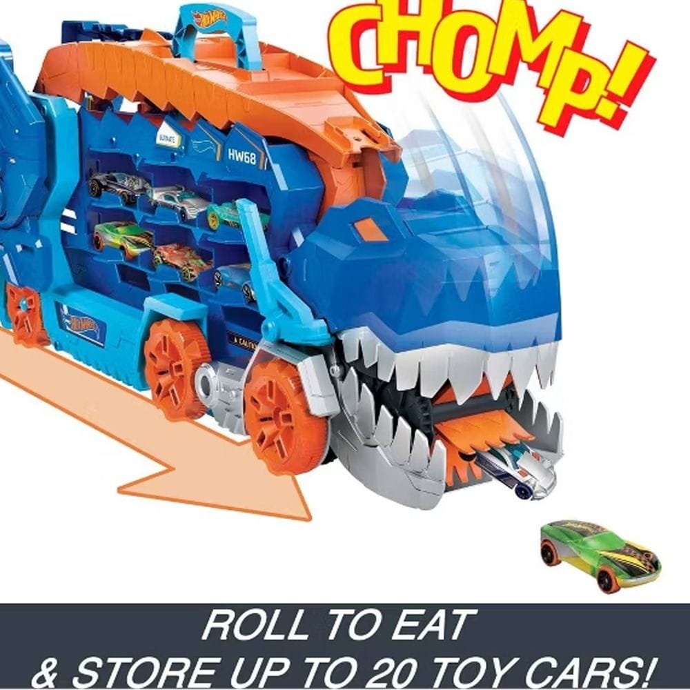 Hot Wheels City Transforming T-Rex Ultimate Hauler Playset 4+ Years, Two-Lane Dino Racing Track, Interactive Dino Action Features - 194735140022