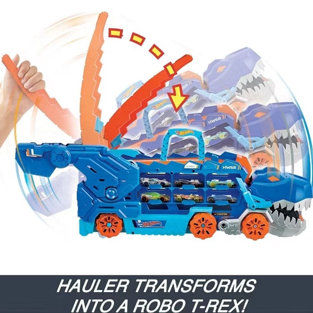 Hot Wheels City Transforming T-Rex Ultimate Hauler Playset 4+ Years, Two-Lane Dino Racing Track, Interactive Dino Action Features - 194735140022