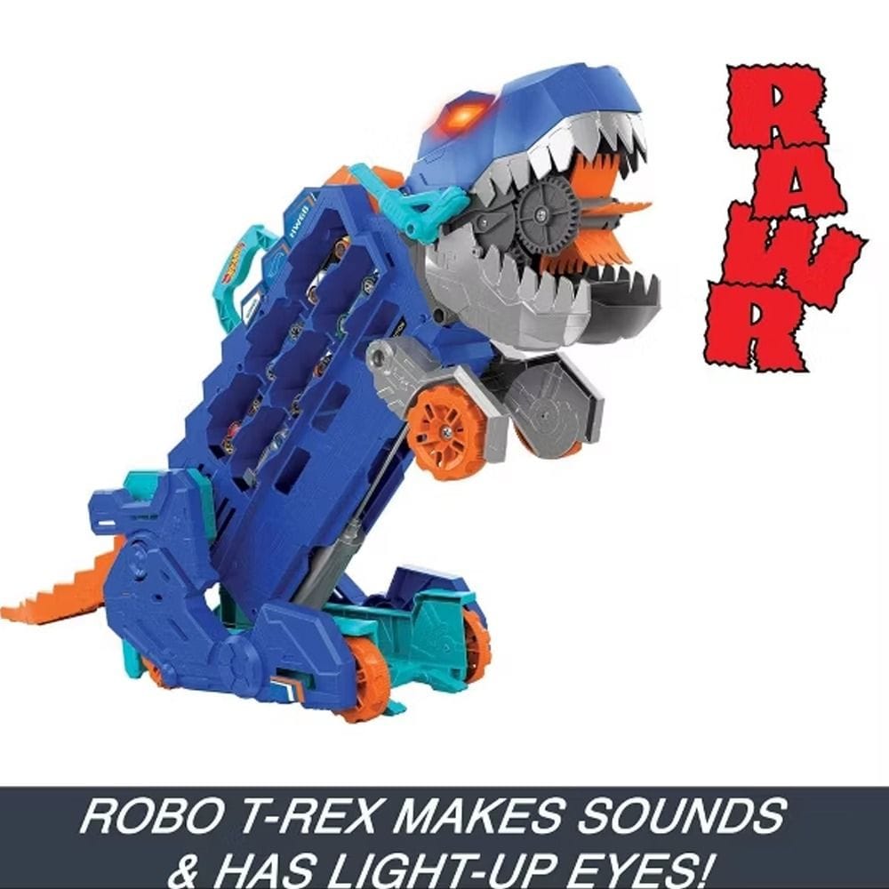 Hot Wheels City Transforming T-Rex Ultimate Hauler Playset 4+ Years, Two-Lane Dino Racing Track, Interactive Dino Action Features - 194735140022