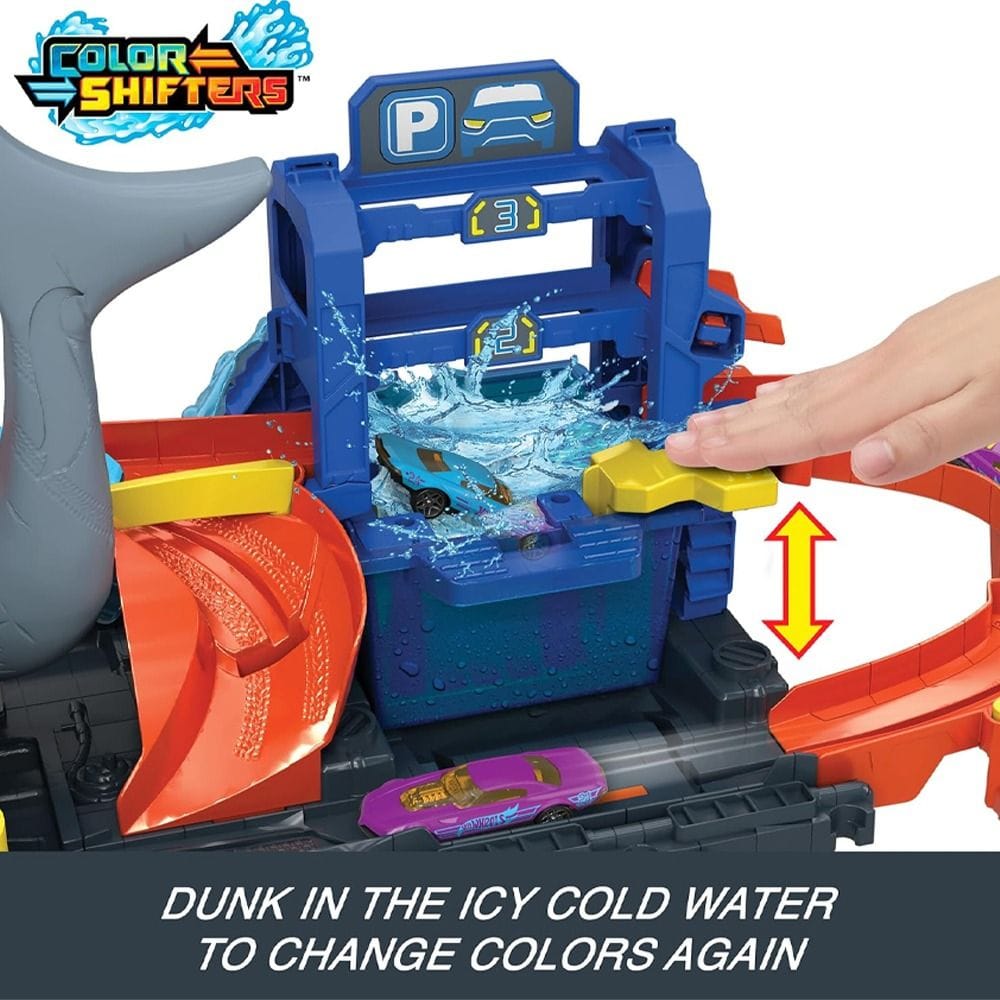 Hot Wheels City Color Shifters Ultra Shark Car Wash Playset 3+ Years, Color-Changing Function And Storage, Shark Track Adventure - 194735195091