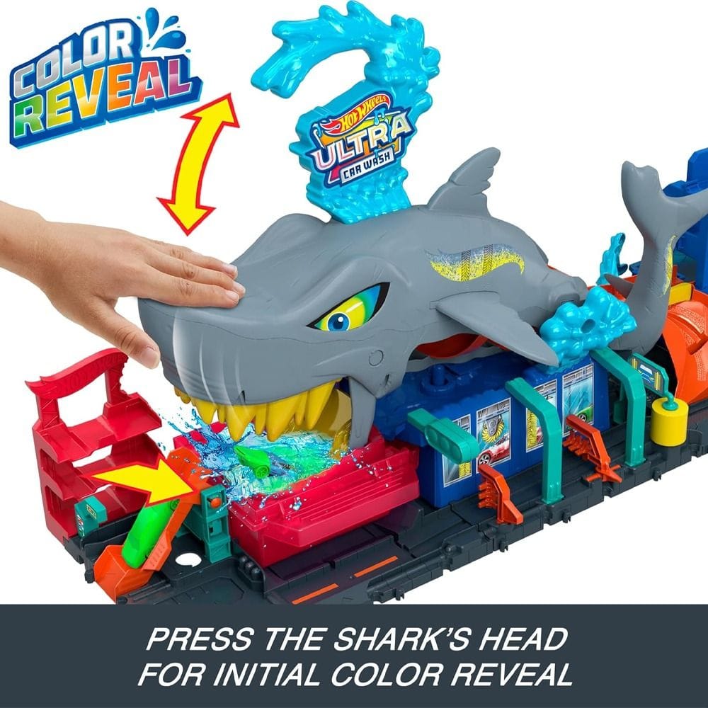 Hot Wheels City Color Shifters Ultra Shark Car Wash Playset 3+ Years, Color-Changing Function And Storage, Shark Track Adventure - 194735195091