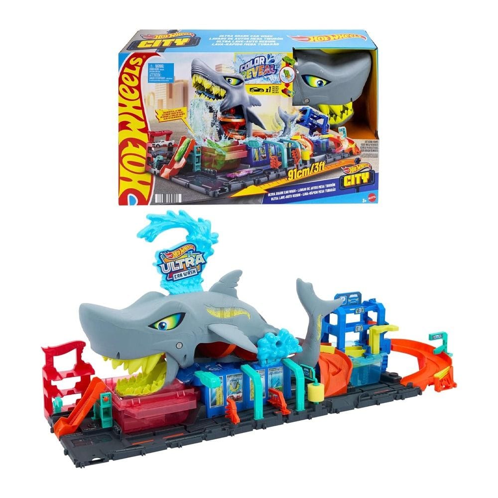 Hot Wheels City Color Shifters Ultra Shark Car Wash Playset 3+ Years, Color-Changing Function And Storage, Shark Track Adventure - 194735195091