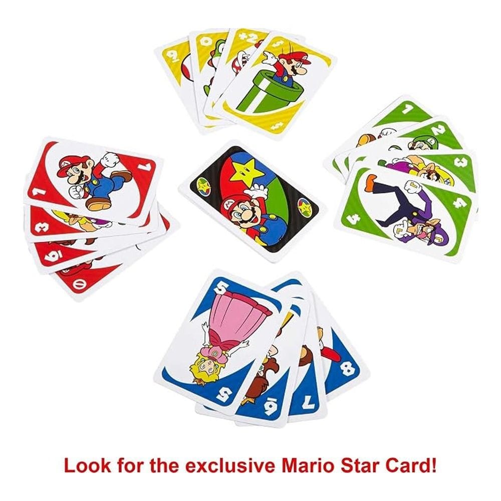 Mattel Games Uno Super Mario Card Game 7+ Years, Special Mario Super Star Card, Score And Win Challenge - 887961331240