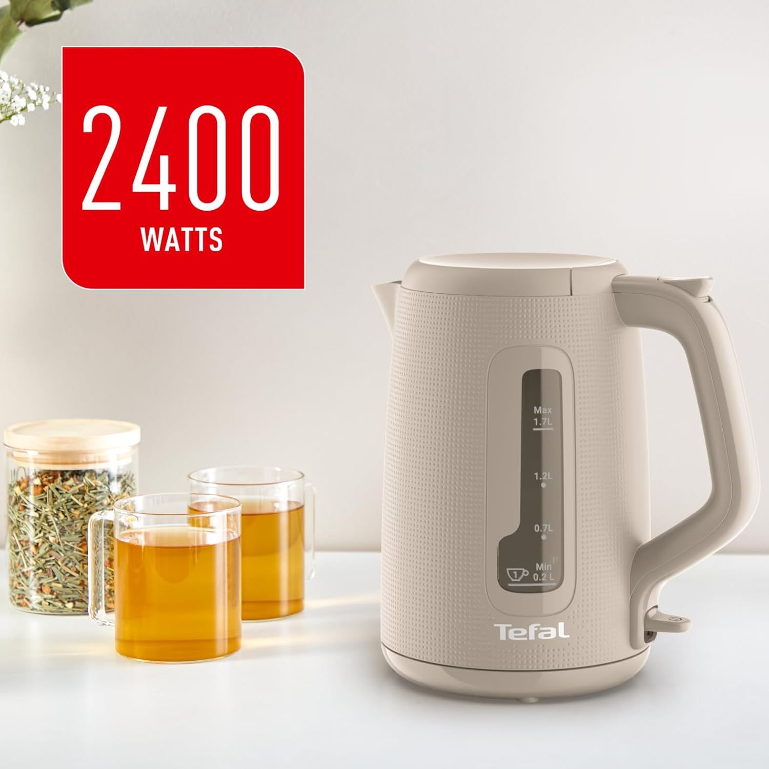 Tefal Morning Kettle, 1.7L Electric Kettle, 2200W Fast Boil, Auto Shut-Off, 360° Rotational Base, Removable Anti-Scale Filter, Fair Grey/Beige - KO2M0B27