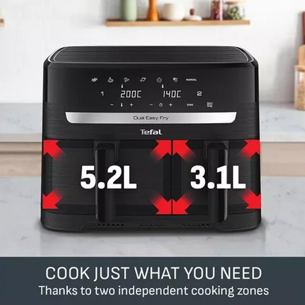 Tefal Dual Easy Fry Air Fryer, 2700W Oil-Less Dual Basket Air Fryer, Large Capacity, Digital Controls - Black/Grey - EY901N40 