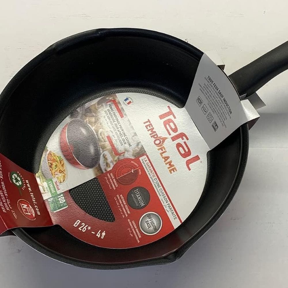Tefal Tempo Flame Wok Pan, 26cm Non-Stick Aluminium Cookware, Thermo-Signal Heat Indicator, Gas & Electric Compatible - C3047783