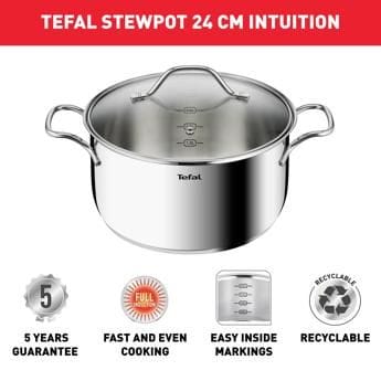 Tefal Intuition Stainless Steel Stewpot, 24cm with Lid, Induction Compatible Cookware, Durable Stainless Steel Construction - B8644674