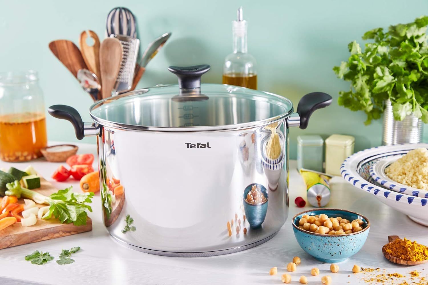 Tefal Primary Stainless Steel Stockpot with Lid, 28cm Induction Compatible Cooking Pot, Durable Stainless Steel, Even Heat Distribution - E3086404