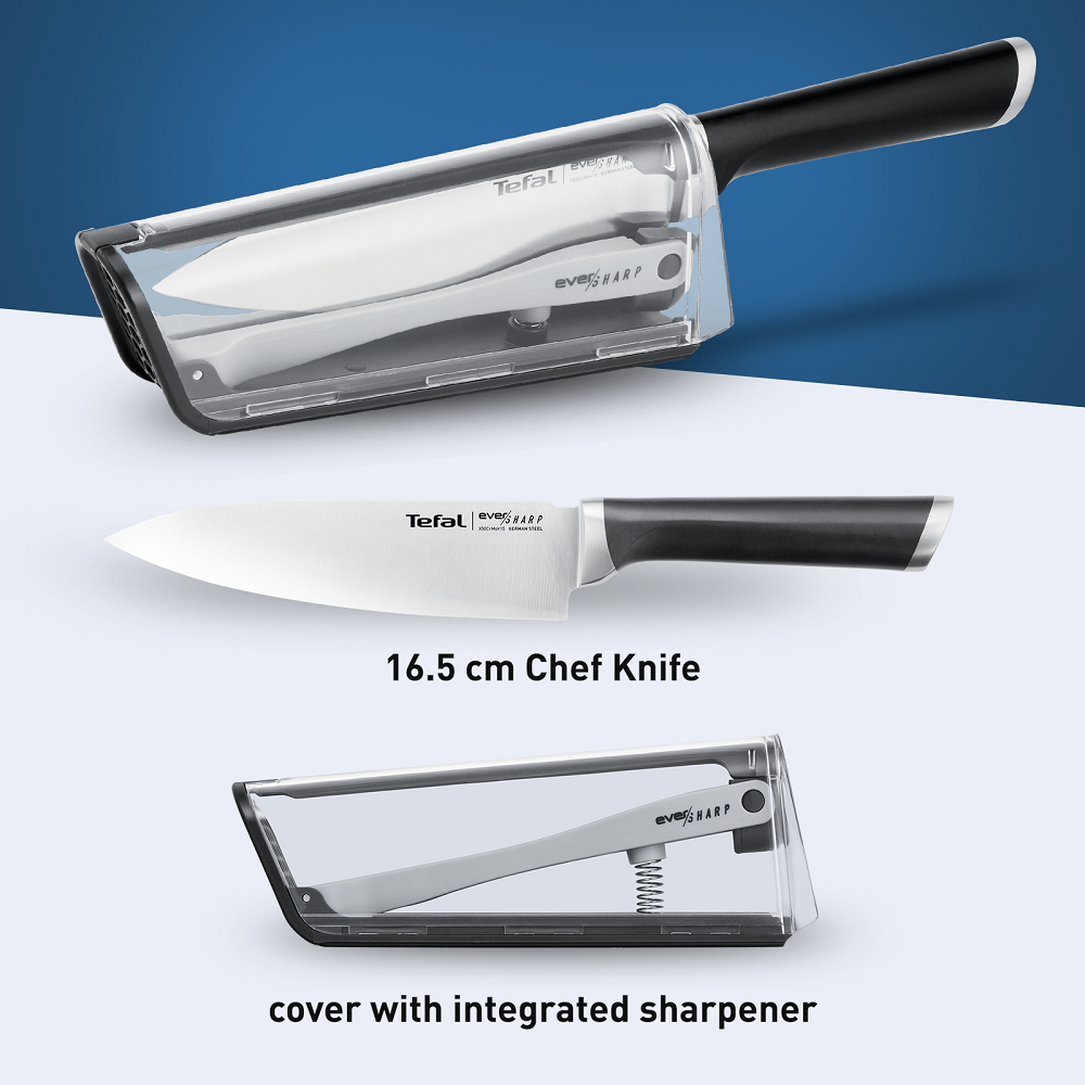 Tefal Ever Sharp Chef Knife, 16.5cm Stainless Steel Blade, Built-In Sharpening System, Ergonomic Handle, Kitchen Knife - K2569004