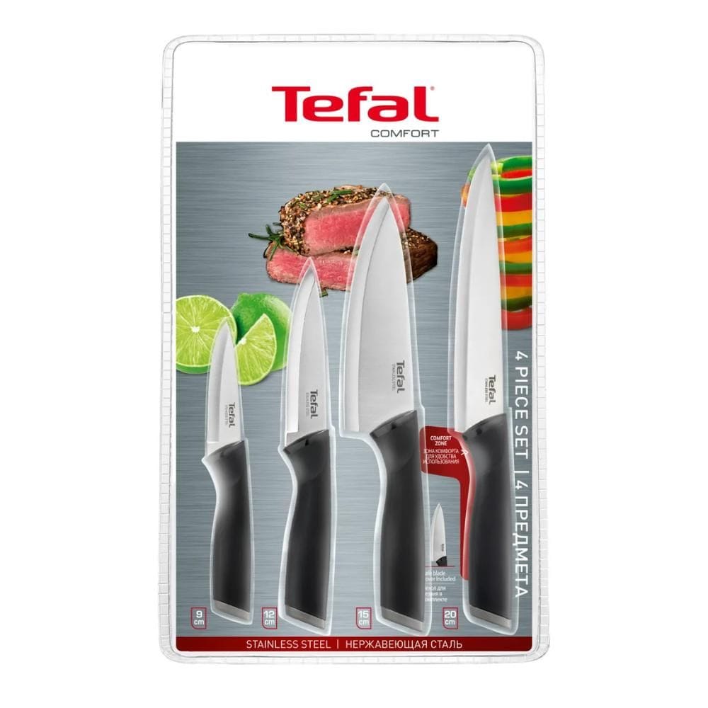 Tefal Comfort Kitchen Knife Set, 4-Piece Stainless Steel Blades, 9cm Paring, 12cm Utility, 15cm & 20cm Knives, Ergonomic Handles - K221S475