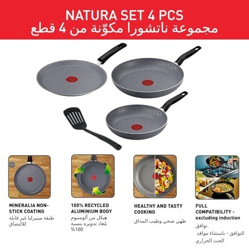 Tefal Natura 4-Piece Non-Stick Cookware Set, 20cm Frypan, 24cm Frypan, Pancake Pan, PTFE Coating, Aluminum - B867S485